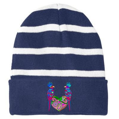 Colorful Jungle Birds Abstract Heart Striped Beanie with Solid Band