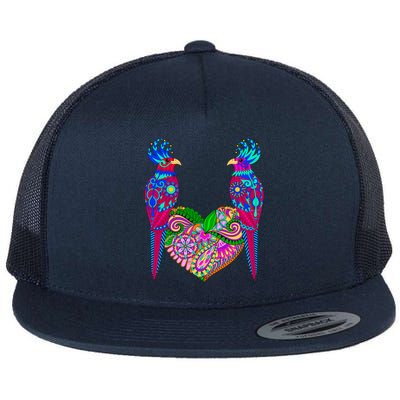 Colorful Jungle Birds Abstract Heart Flat Bill Trucker Hat