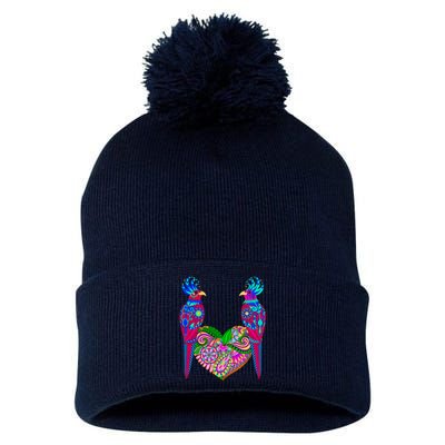 Colorful Jungle Birds Abstract Heart Pom Pom 12in Knit Beanie