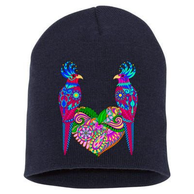 Colorful Jungle Birds Abstract Heart Short Acrylic Beanie