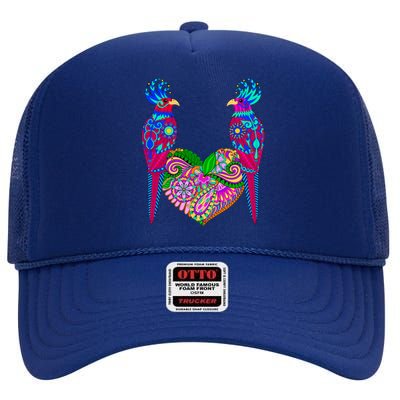 Colorful Jungle Birds Abstract Heart High Crown Mesh Back Trucker Hat