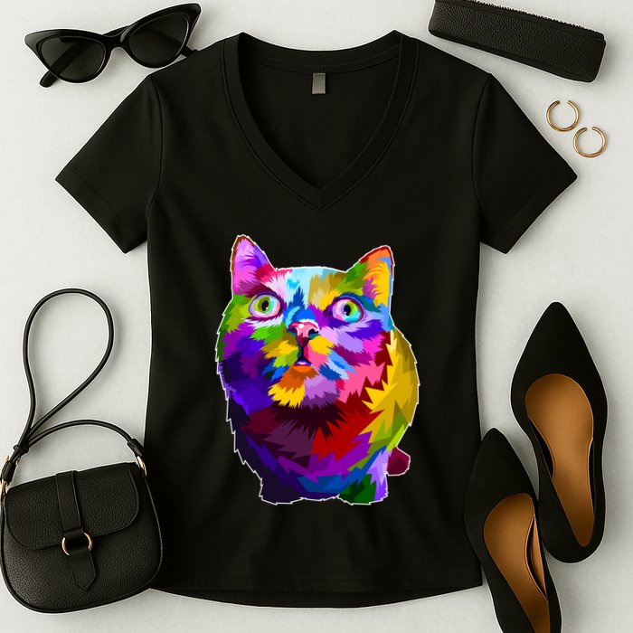 Colorful Kitten Nose Boop Women's V-Neck T-Shirt