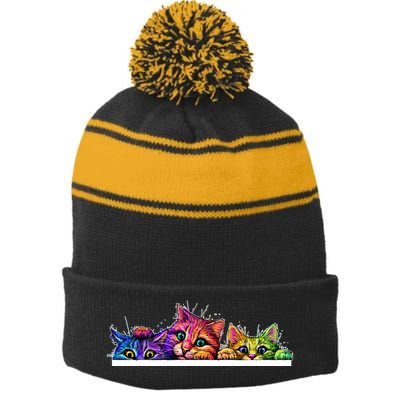 Colorful Kittens Trio Peaking Stripe Pom Pom Beanie