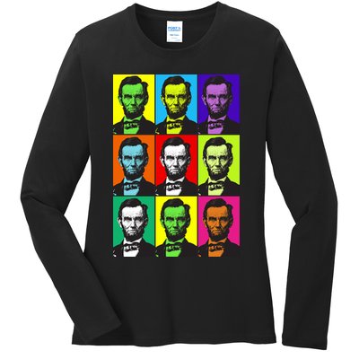 Colorful Lincoln Retro Portraits Ladies Long Sleeve Shirt