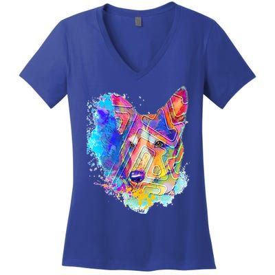 Colorful Mirror Pattern Corgi Dog Women's V-Neck T-Shirt