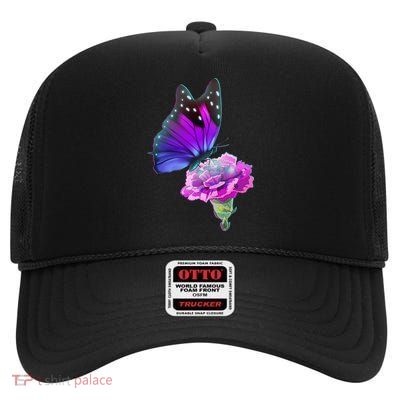 Colorful Neon Butterfly on Flower High Crown Mesh Back Trucker Hat