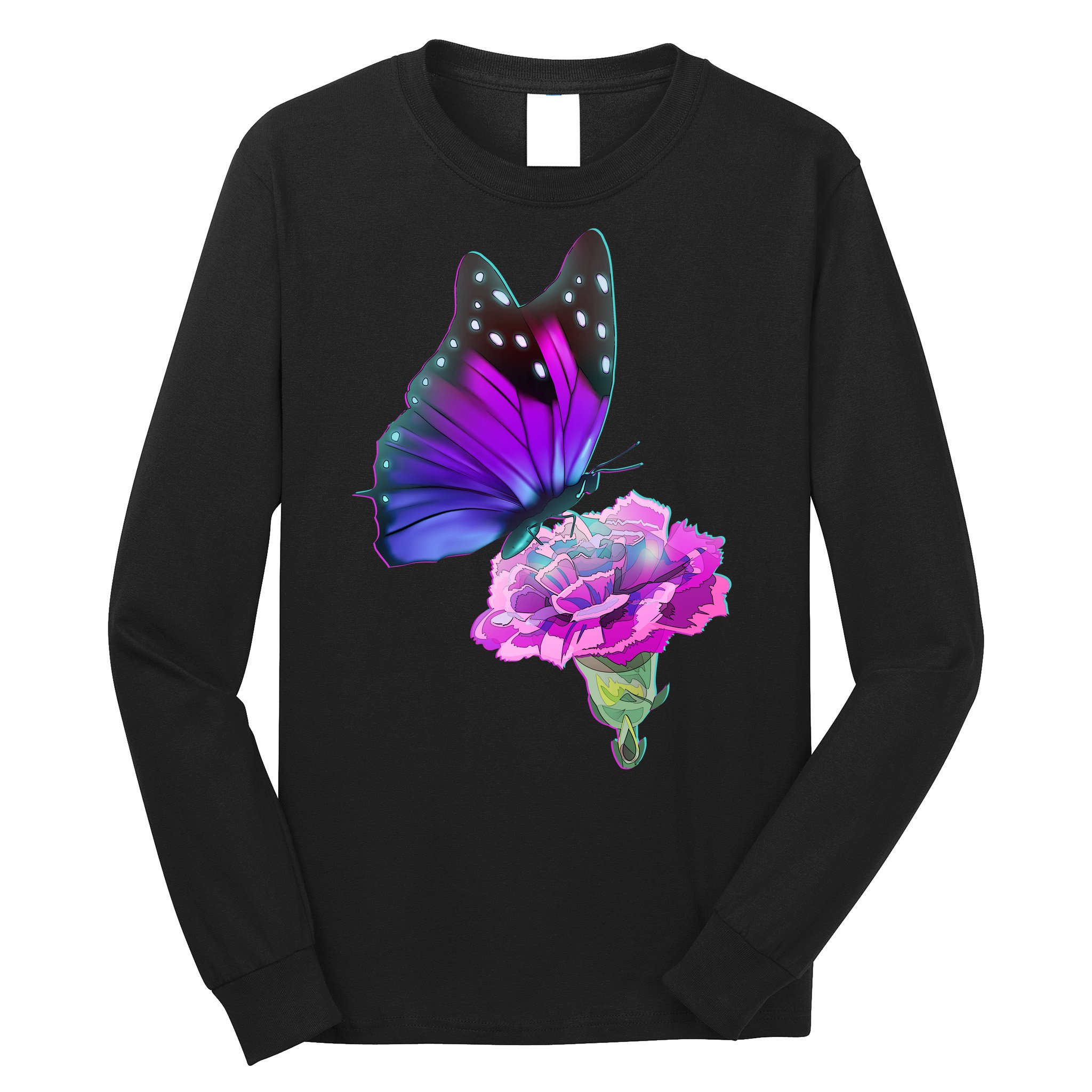Colorful Neon Butterfly on Flower Long Sleeve Shirt