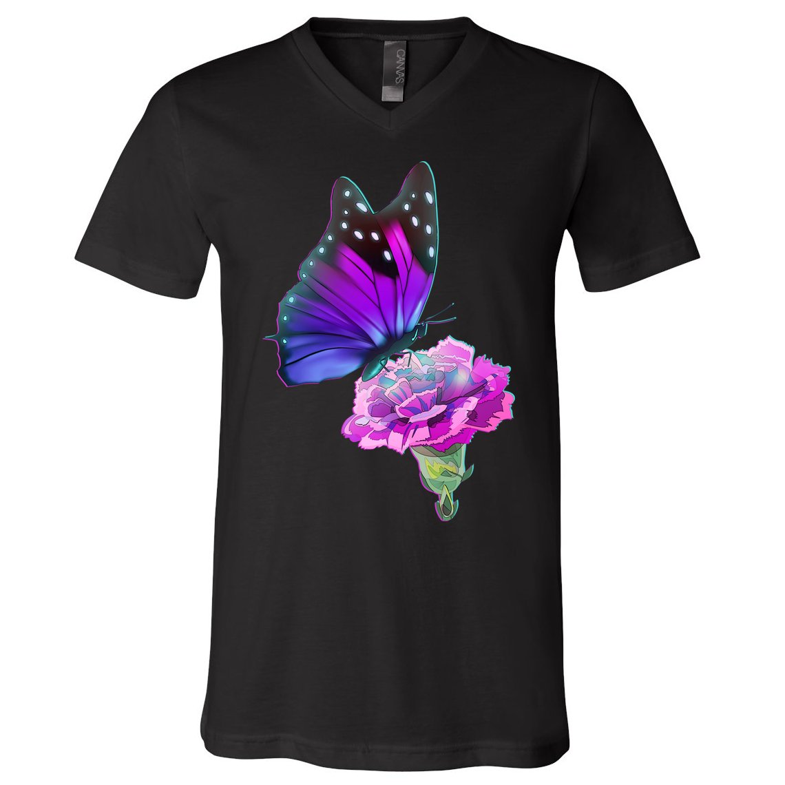 Colorful Neon Butterfly on Flower V-Neck T-Shirt