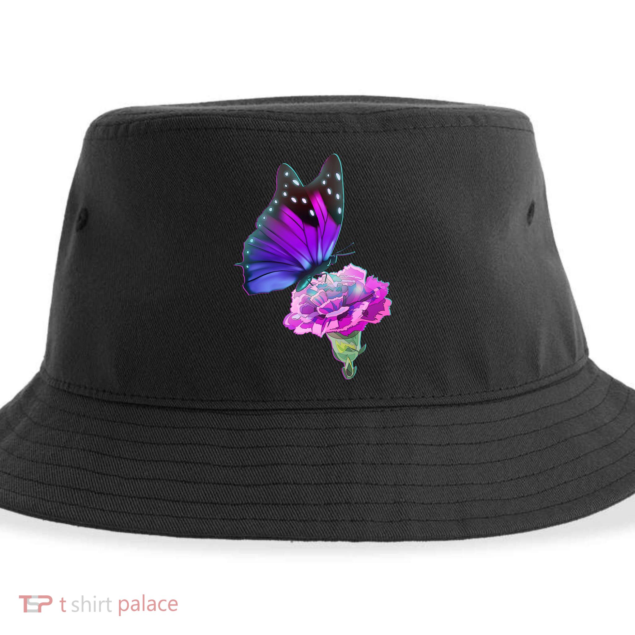 Colorful Neon Butterfly on Flower Sustainable Bucket Hat