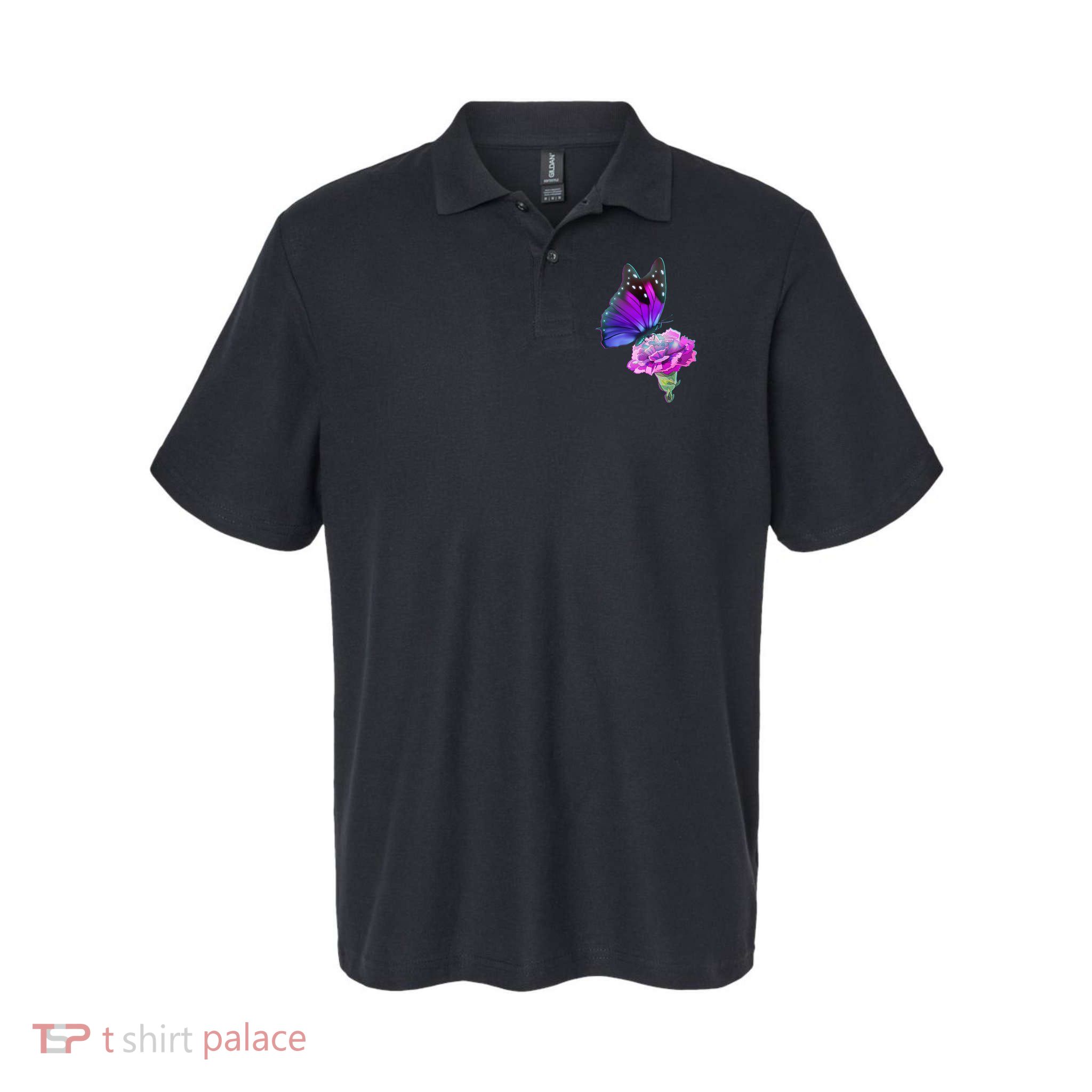 Colorful Neon Butterfly on Flower Polo