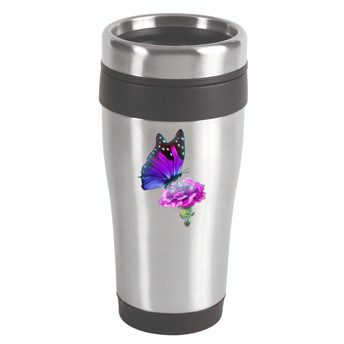 Colorful Neon Butterfly on Flower 16oz Travel Tumbler