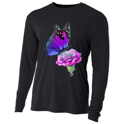 Colorful Neon Butterfly on Flower Cooling Performance Long Sleeve Crew
