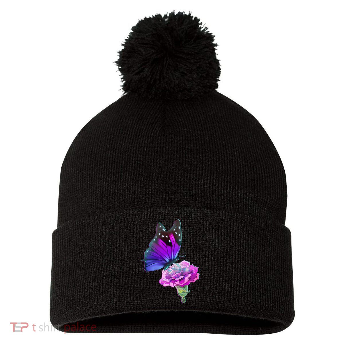 Colorful Neon Butterfly on Flower Pom Pom 12in Knit Beanie