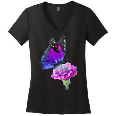 Colorful Neon Butterfly on Flower Women's V-Neck T-Shirt