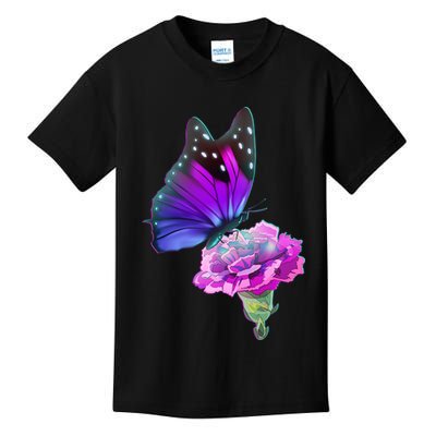 Colorful Neon Butterfly on Flower Kids T-Shirt