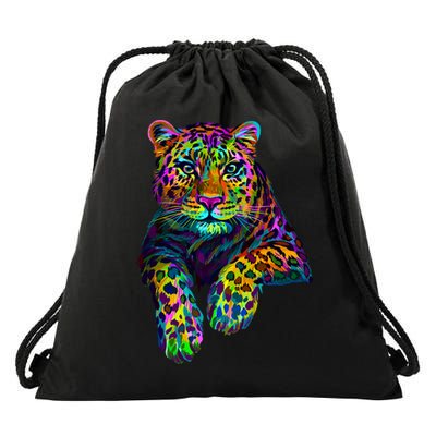 Colorful Neon Leopard Jaguar Portrait Drawstring Bag