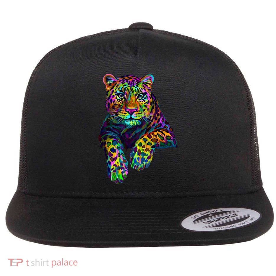 Colorful Neon Leopard Jaguar Portrait Flatbill Hat
