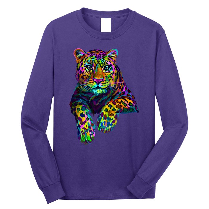 Colorful Neon Leopard Jaguar Portrait Long Sleeve Shirt