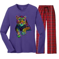 Colorful Neon Leopard Jaguar Portrait Women's Long Sleeve Flannel Pajama Set 