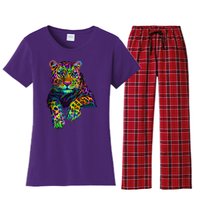 Colorful Neon Leopard Jaguar Portrait Women's Flannel Pajama Set