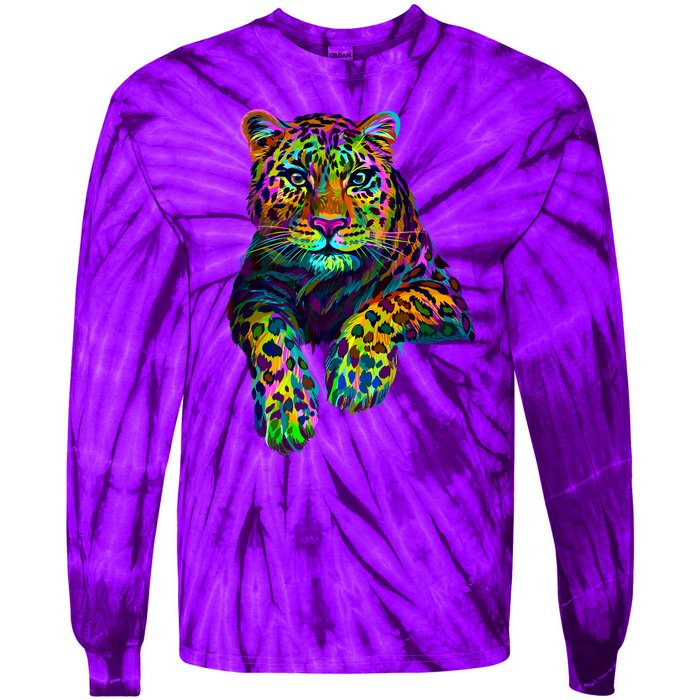 Colorful Neon Leopard Jaguar Portrait Tie-Dye Long Sleeve Shirt