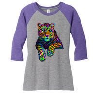 Colorful Neon Leopard Jaguar Portrait Women's Tri-Blend 3/4-Sleeve Raglan Shirt