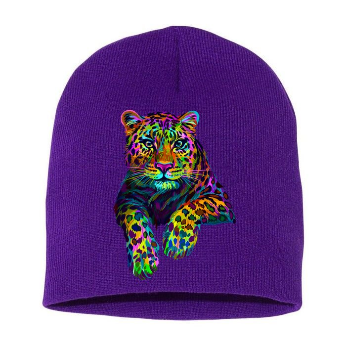 Colorful Neon Leopard Jaguar Portrait Short Acrylic Beanie