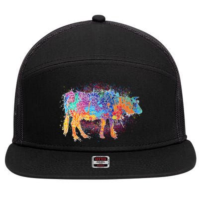 Colorful Pattern Cow Splatter 7 Panel Mesh Trucker Snapback Hat