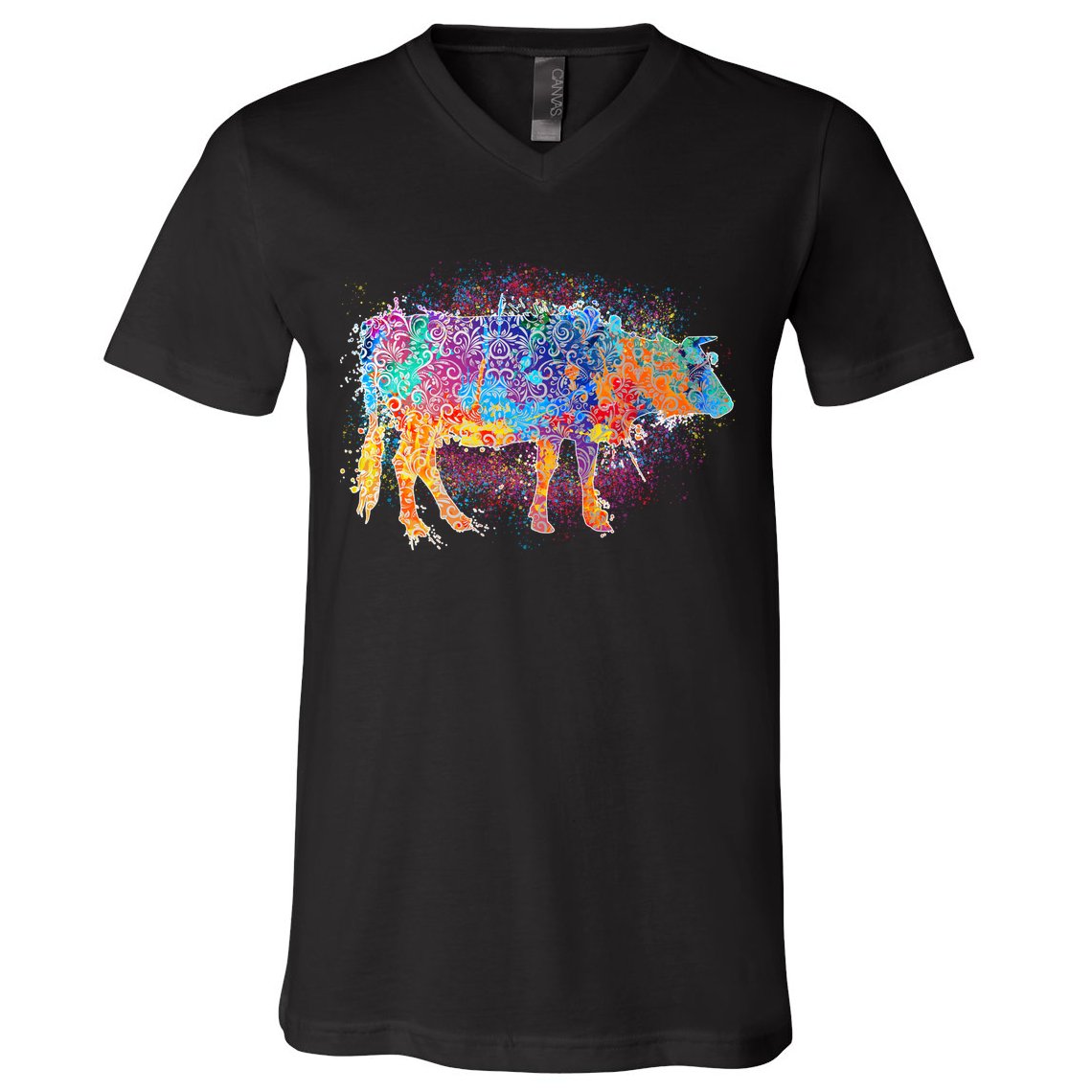 Colorful Pattern Cow Splatter V-Neck T-Shirt