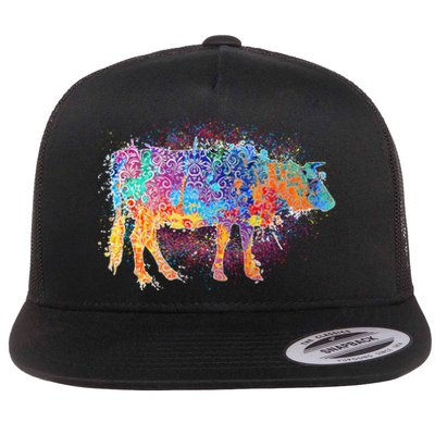 Colorful Pattern Cow Splatter Flat Bill Trucker Hat