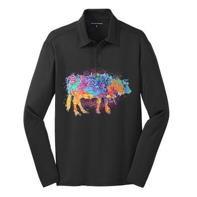 Colorful Pattern Cow Splatter Silk Touch Performance Long Sleeve Polo