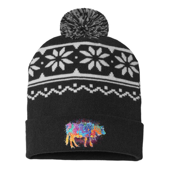 Colorful Pattern Cow Splatter USA-Made Snowflake Beanie