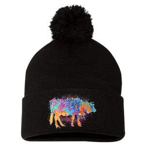 Colorful Pattern Cow Splatter Pom Pom 12in Knit Beanie