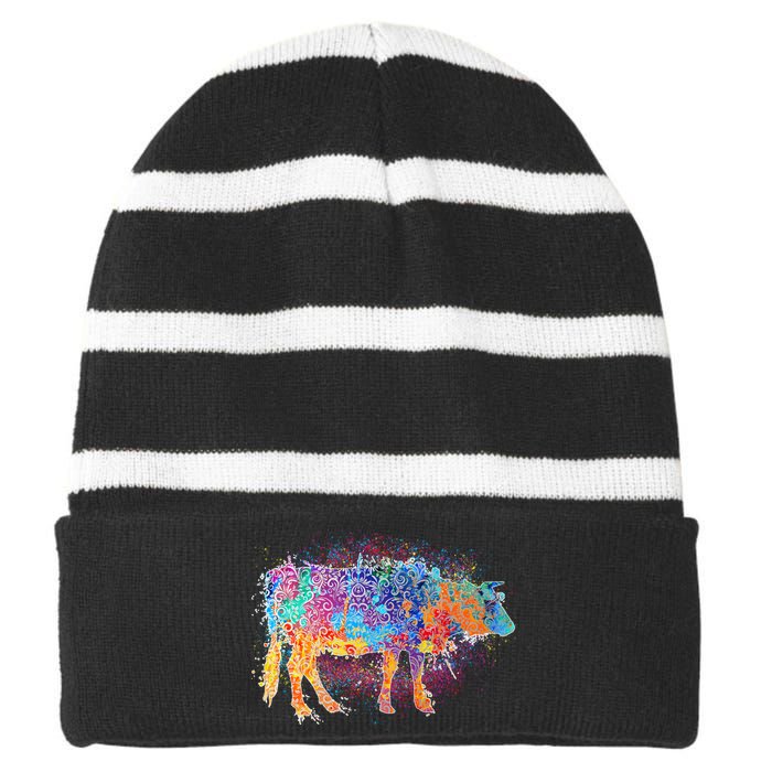 Colorful Pattern Cow Splatter Striped Beanie with Solid Band