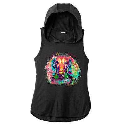 Colorful Pattern Dachshund Dog Ladies PosiCharge Tri-Blend Wicking Draft Hoodie Tank