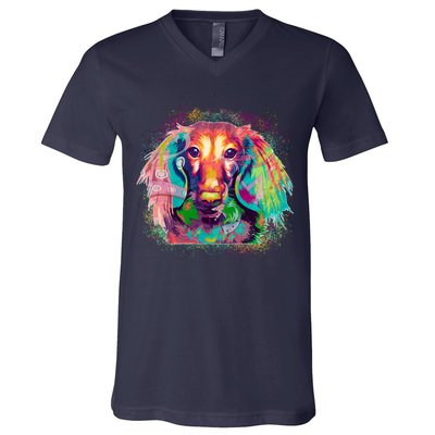 Colorful Pattern Dachshund Dog V-Neck T-Shirt