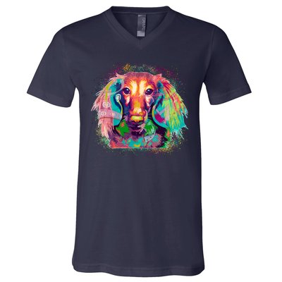 Colorful Pattern Dachshund Dog V-Neck T-Shirt