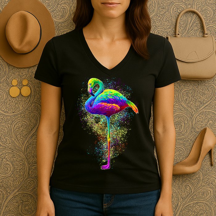 Colorful Pattern Flamingo Women's V-Neck T-Shirt