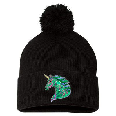 Colorful Pattern Unicorn Pom Pom 12in Knit Beanie