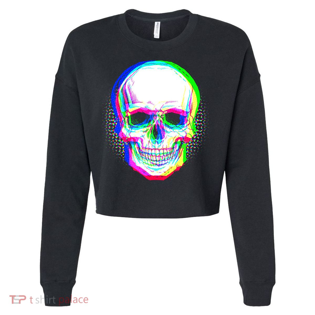 Colorful Pixelated Skull  Cropped Pullover Crew