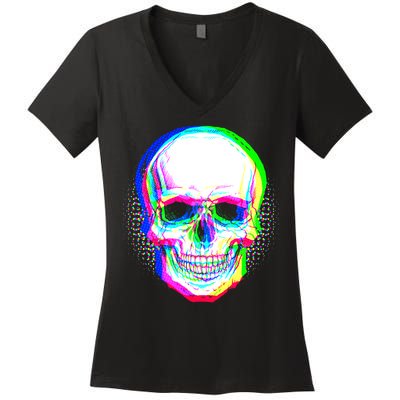 Colorful Pixelated Skull  Women's V-Neck T-Shirt