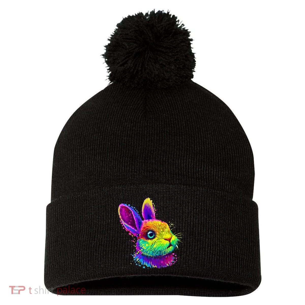 Colorful Rabbit Bunny Art Pom Pom 12in Knit Beanie