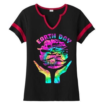 Colorful Retro Earth Day Animals Ladies Halftime Notch Neck Tee