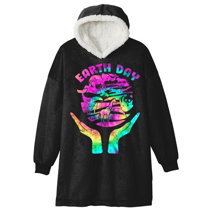 Colorful Retro Earth Day Animals Hooded Wearable Blanket