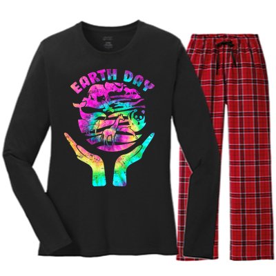 Colorful Retro Earth Day Animals Women's Long Sleeve Flannel Pajama Set 