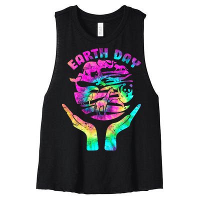 Colorful Retro Earth Day Animals Women's Racerback Cropped Tank