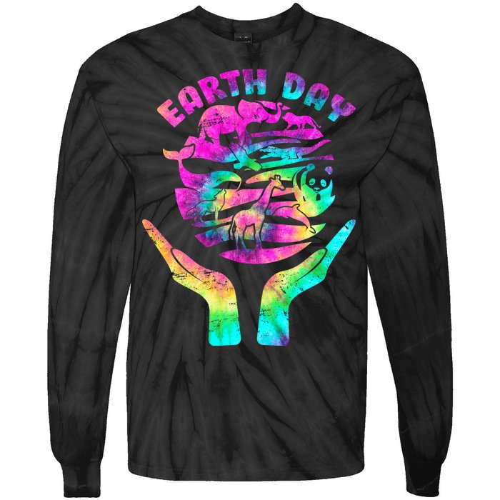 Colorful Retro Earth Day Animals Tie-Dye Long Sleeve Shirt