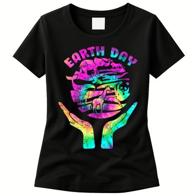 Colorful Retro Earth Day Animals Womens T-Shirt