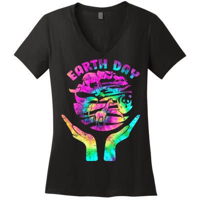 Colorful Retro Earth Day Animals Women's V-Neck T-Shirt