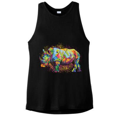 Colorful Rhino Art Splatter Ladies PosiCharge Tri-Blend Wicking Tank